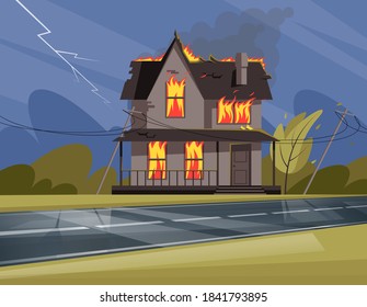 Residential house on fire semi flat vector illustration. Fire captures all windows, door and roof. Crumbling and emptying two-storied building. Withered environment 2D cartoon scene for commercial use