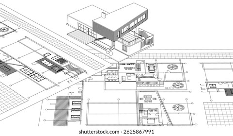 residential house plan sketch 3d illustration