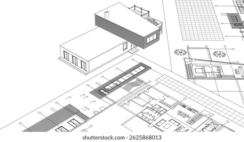 Casa residencial Plan boceto 3D ilustración