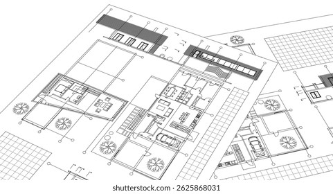 residential house plan sketch 3d illustration