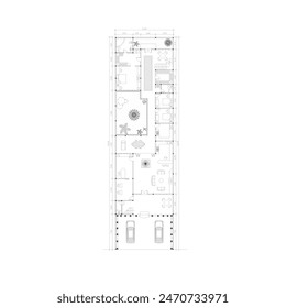 residential house plan that extends to the back and furniture arrangement or interior plan