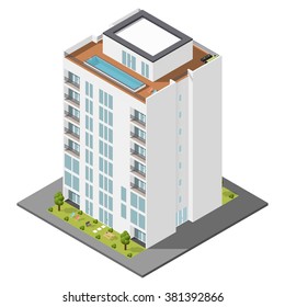 Residential house with a private garden and penthouse apartments isometric icon set vector graphic illustration