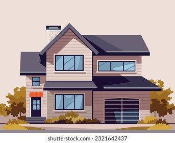 Residential house. Real estate. Countryside building exterior. Two storey dwelling place with garage. Suburban home facade. Cottage house leasing. Flat vector illustration