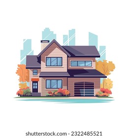 Residential house. Real estate. Countryside building exterior. Two storey dwelling place with garage. Suburban home facade. Cottage house leasing. Flat vector illustration