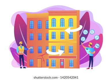 Residential house reconstruction, city renovation. Old buildings modernization, building up service, construction modernization solutions concept. Bright vibrant violet vector isolated illustration