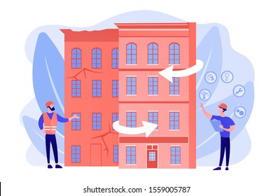 Residential house reconstruction, city renovation. Old buildings modernization, building up service, construction modernization solutions concept. Pinkish coral bluevector isolated illustration