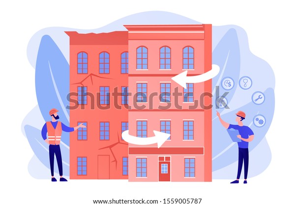 Residential house reconstruction, city\
renovation. Old buildings modernization, building up service,\
construction modernization solutions concept. Pinkish coral\
bluevector isolated\
illustration