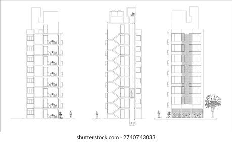 Residential House Sections and Elevations Technical Drawing – AutoCAD EPS Vector 10, Clean Line Art on White Background