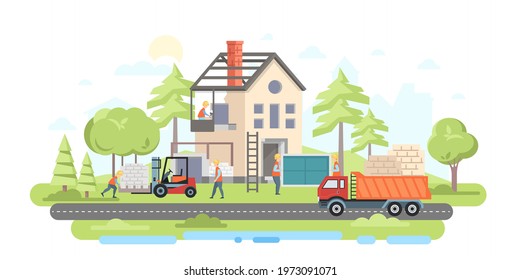 Residential house under construction - flat design style illustration. Landscape with a building, trees, road. Images of special vehicles, forklift, truck, builders working. Real estate idea