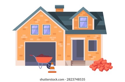 Residential house under construction with wheelbarrow, bricks and unfinished garage. Flat vector illustration for renovation and property projects.