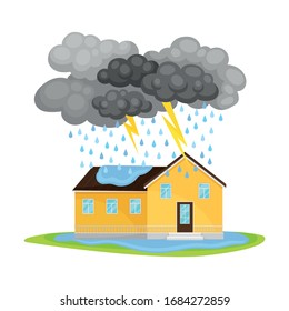 Residential House Undergoing Heavy Rain With Lightning And Thunder Vector Illustration