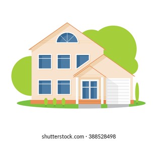 Residential house vector illustration in flat style. Bright house with large Windows. Private residence.