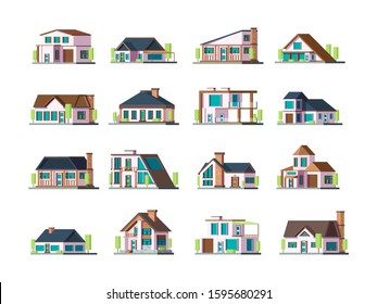 Residential house. Village building exterior modern townhouses vector collection set