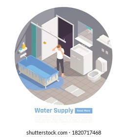 Residential House Water Supply System Problems Circular Isometric Composition Frustrated With Bathtub Overflow Leak Tenant Vector Illustration