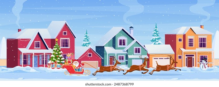 Residential houses with christmas decoration at day. cartoon winter landscape street with snow on roofs and holiday garlands, christmas tree, snowman. Santa Claus with deers Vector illustration