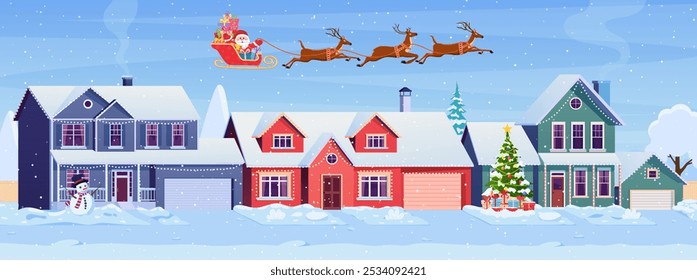 Residential houses with christmas decoration at day. cartoon winter landscape street with snow on roofs and holiday garlands, christmas tree, snowman. Santa Claus with deers in sky Vector illustration