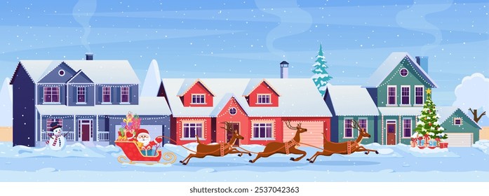 Residential houses with christmas decoration at day. cartoon winter landscape street with snow on roofs and holiday garlands, christmas tree, snowman. Santa Claus with deers Vector illustration