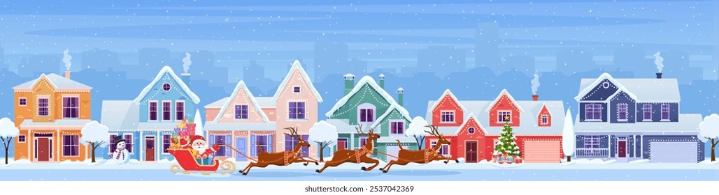 Residential houses with christmas decoration at day. cartoon winter landscape street with snow on roofs and holiday garlands, christmas tree, snowman. Santa Claus with deers Vector illustration