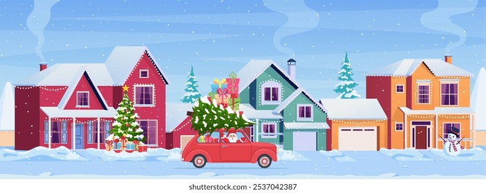 Casas residenciais com decoração de Natal ao dia. Projeto de cartão de paisagem de Natal de carro retro com caixa de presente e árvore de natal no topo. Ilustração vetorial