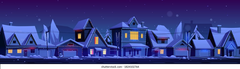 Residential houses with christmas decoration at night. Vector cartoon winter landscape with street in suburb district, cottages with snow on roofs and holiday garlands