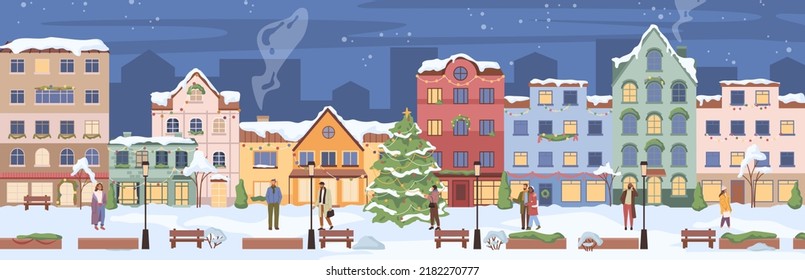 Residential houses with Christmas decoration at night. People outdoors, cartoon winter landscape street with snow on roofs and garlands. Decorated New Year tree, bench and chimney pipe
