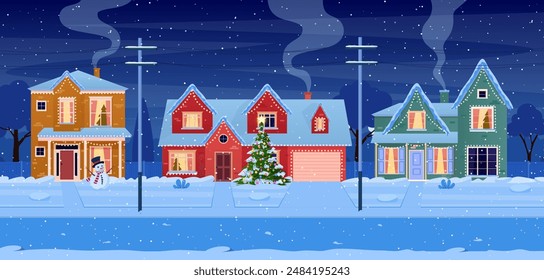 Residential houses with christmas decoration at night. cartoon winter landscape street with snow on roofs and holiday garlands, christmas tree, snowman. Vector illustration