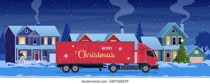 Residential houses with christmas decoration at night. red delivery truck on background with cartoon winter landscape. street and holiday garlands, christmas tree, snowman. Vector illustration