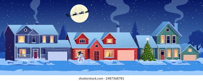 Residential houses with christmas decoration at night. cartoon winter landscape street with snow on roofs and garlands, christmas tree, snowman. Santa Claus with deers in sky. Vector illustration