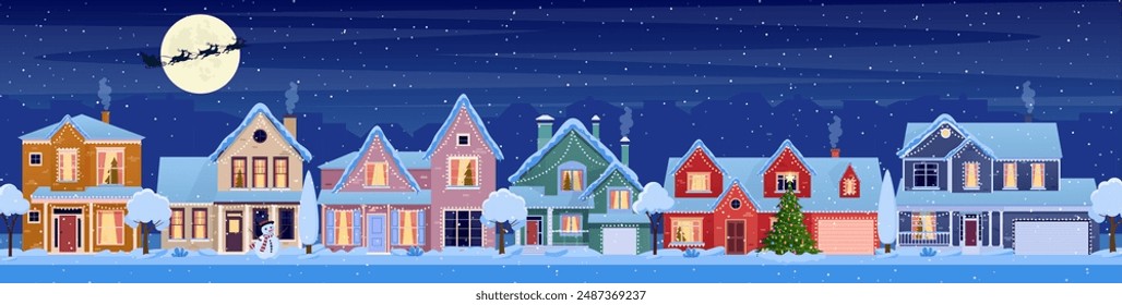 Residential houses with christmas decoration at night. cartoon winter landscape street with snow on roofs and garlands, christmas tree, snowman. Santa Claus with deers in sky. Vector illustration