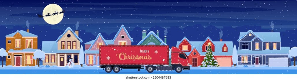 Residential houses with christmas decoration at night. red delivery truck on background with cartoon winter landscape. street and holiday garlands, christmas tree, snowman. Vector illustration