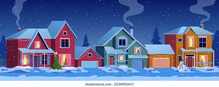 Residential houses with christmas decoration at night. cartoon winter landscape street with snow on roofs and holiday garlands, christmas tree, snowman. Vector illustration