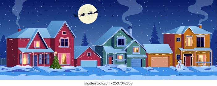 Residential houses with christmas decoration at night. cartoon winter landscape street with snow on roofs and garlands, christmas tree, snowman. Santa Claus with deers in sky. Vector illustration