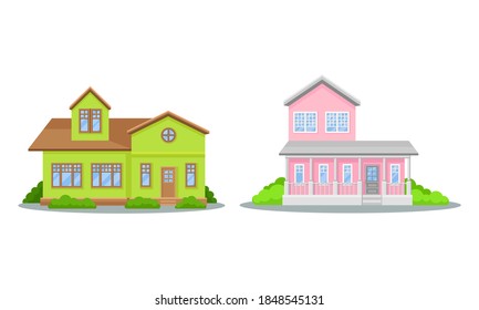 Residential Houses Exterior with Green Bushes Vector Set