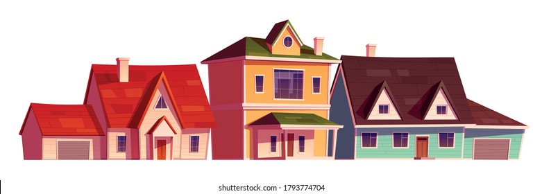 Residential houses exterior in suburb district. Vector cartoon set of suburban cottages with garage, modern real estate property in countryside. Villages isolated on white background