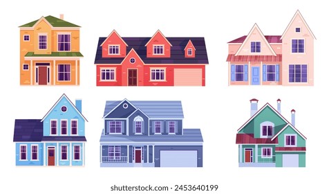 Residential houses exterior in suburb district. cartoon set of suburban cottages, modern real estate property. Two storey suburban dwelling architecture with garages. Vector illustration in flat style