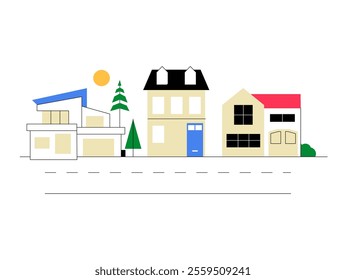 Residential Houses In Flat Vector Illustration Symbolizing Modern Neighborhood And Urban Living, Isolated On White Background