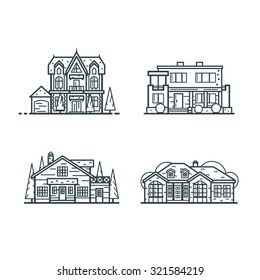 Residential Houses Icons In Minimal Thin Line Style. Modern House And Gothic House, North American Cottage And Renaissance House. Set 2  