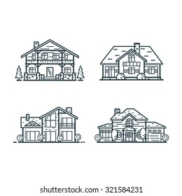 Residential houses icons in minimal thin line style. Hi-tech house and classic house, alpine house and modern style house. Set 1