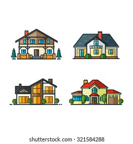 Residential houses icons in trending minimal flat style with lines. High-tech house and classic house, alpine house and modern style house. Trees separated. Set 1