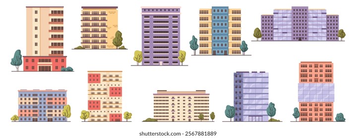 Residential houses for living or working in office, isolated modern buildings set. Vector city or town constructions with several levels and greenery around, urban architecture in metropolis