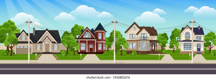 Residential Houses. Suburban village flat design cityscape. Colorful houses in suburb neighborhood. Green park landscape with grass, trees, flowers and clouds.