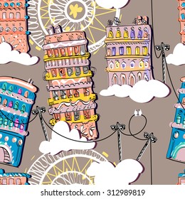 Residential Houses vector pattern. Cartoon city with endless lamp wires and cloud.Two pigeons sitting on wires. Fun town