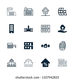 Residential icon. collection of 16 residential filled and outline icons such as building, home care, house building, mortgage. editable residential icons for web and mobile.