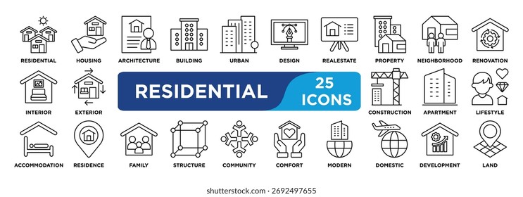 Conjunto de colección de icono residencial. Contiene residencial, vivienda, hogar, arquitectura, edificio, ícono de propiedad. Vector de línea simple.	