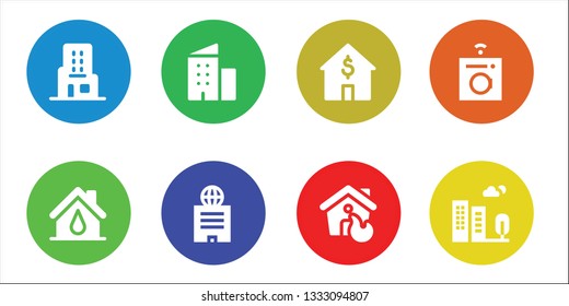 residential icon set. 8 filled residential icons.  Collection Of - Skyscraper, House, Building, Washing machine