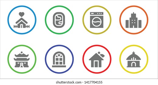 residential icon set. 8 filled residential icons.  Collection Of - Home, House, Window, Washing machine, Building, Hut