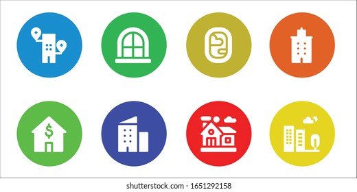 residential icon set. 8 filled residential icons. Included Building, House, Window, Home icons