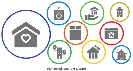 residential icon set. 9 filled residential icons.  Simple modern icons such as: Home, Washing machine, House, Building, Homepage