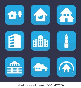 Residential icon. set of 9 filled residential icons such as building, building   isolated  sign symbol, house building, home, eco house