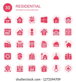 residential icon set. Collection of 30 filled residential icons included Hut, Home, Building, Windows, Buildings, House, Rental, Duplex, Washing machine, Window, Skyscraper, Beach house